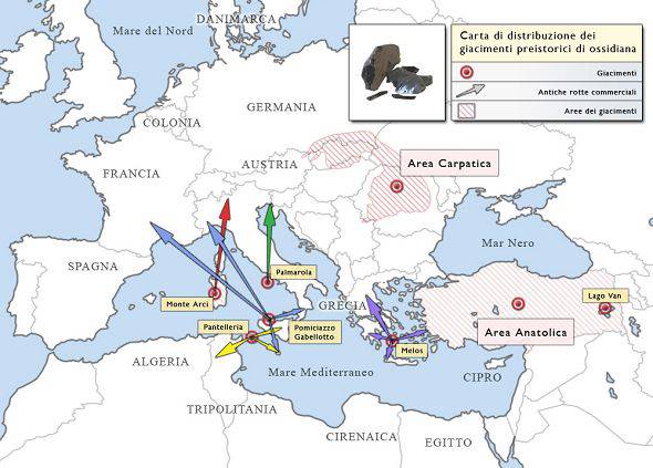 A. Cartina di distribuzione dei giacimenti preistorici di ossidiana.